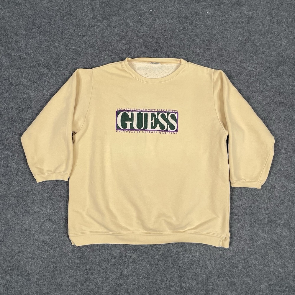 Vintage Guess Sweater Womens M Yellow Crewneck Sweatshirt 90s Georges Marciano